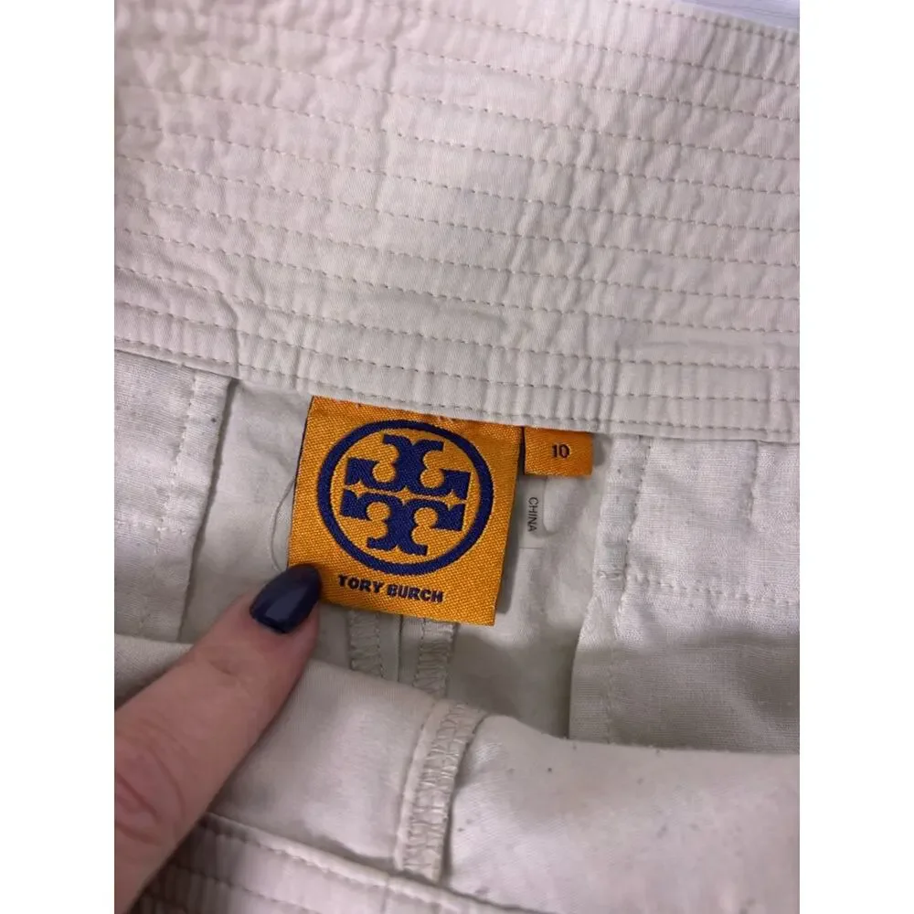 Tory Burch Beige Smocked-Waist Safari Bermuda Shorts Gold Buttons Size 10 0598